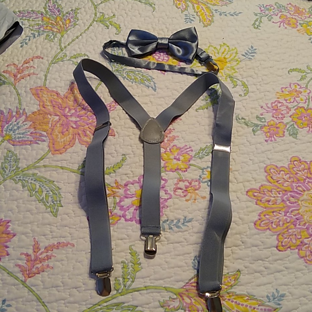 Dark gray suspenders and bow tie
